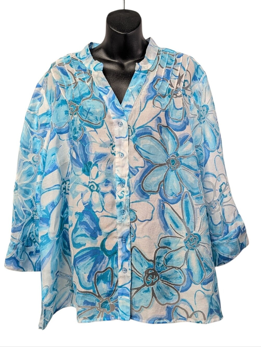 Multiples Womens 2X Blue White Floral Sheer Chiffon Button Front Tunic Blouse